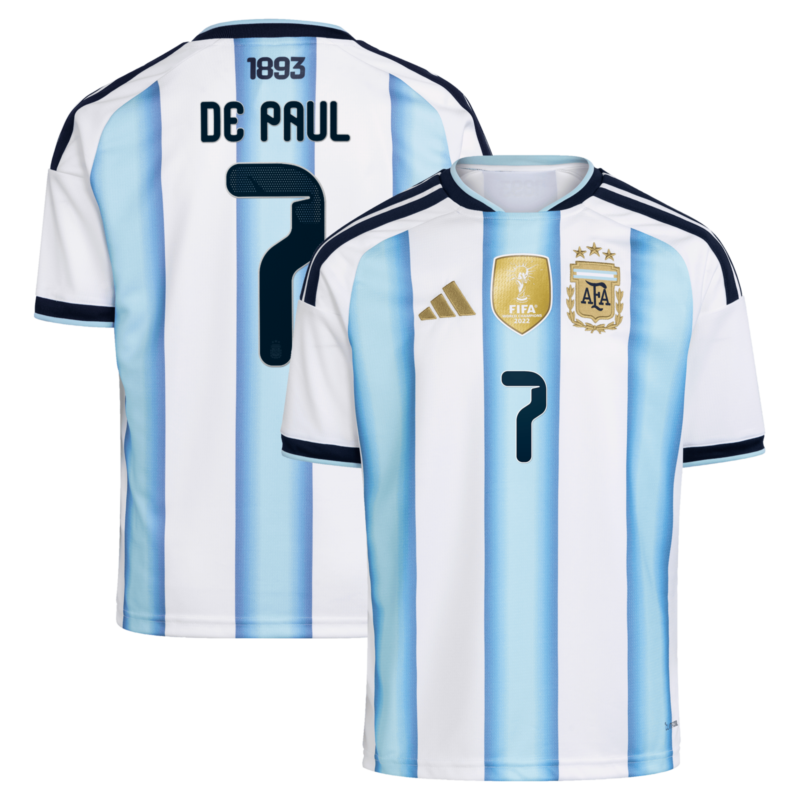 A2B image: argentina-adidas-home-shirt-2026-kids-with-de-paul-7-printing Argentina adidas Home Shirt 2026 - Kids with De Paul 7 printing