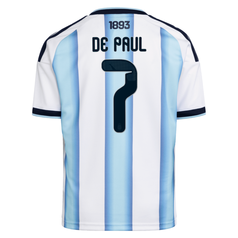 A2B image: argentina-adidas-home-shirt-2026-kids-with-de-paul-7-printing Argentina adidas Home Shirt 2026 - Kids with De Paul 7 printing