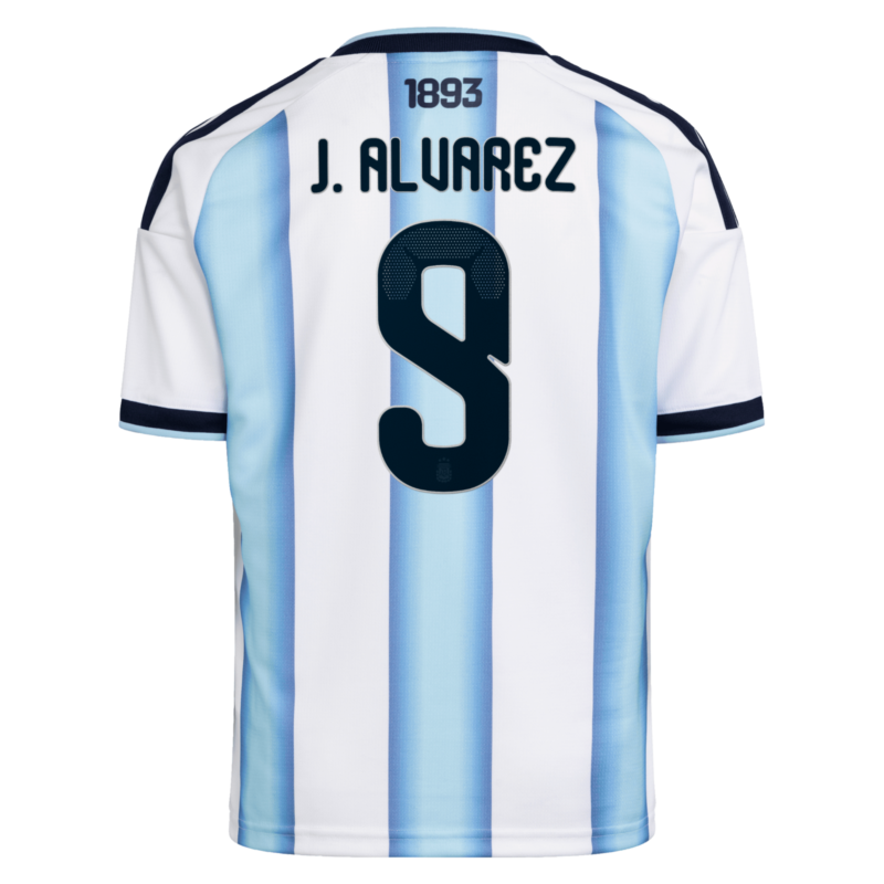 A2B image: argentina-adidas-home-shirt-2026-kids-with-j-alvarez-9-printing Argentina adidas Home Shirt 2026 - Kids with J. Alvarez 9 printing