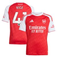 A2B image: arsenal-adidas-home-shirt-2025-26-kids-with-rice-41-printing Arsenal adidas Home Shirt 2025-26 - Kids with Rice 41 printing