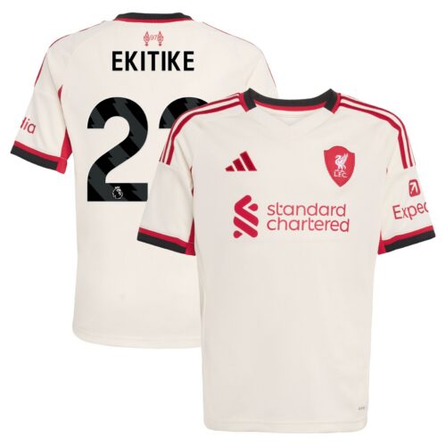 Liverpool adidas Away Shirt 2025-26 - Kids with Ekitike 22 printing