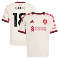 Liverpool adidas Away Shirt 2025-26 - Kids with Gakpo 18 printing