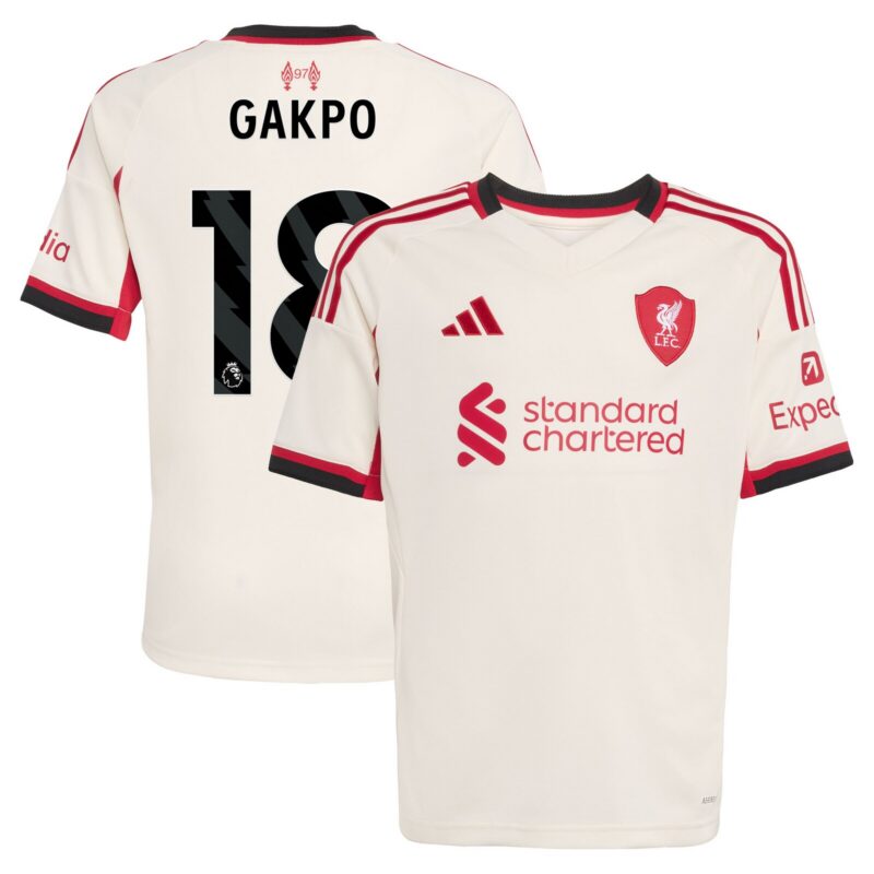 Liverpool adidas Away Shirt 2025-26 - Kids with Gakpo 18 printing