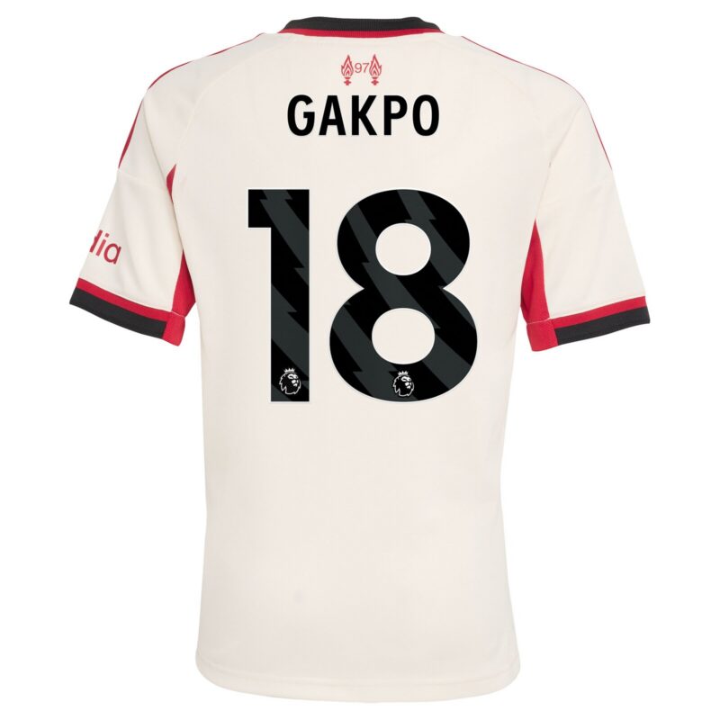 Liverpool adidas Away Shirt 2025-26 - Kids with Gakpo 18 printing