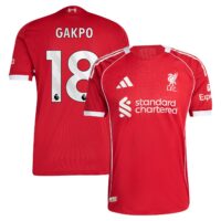 Liverpool adidas Home Authentic Shirt 2025-26 with Gakpo 18 printing