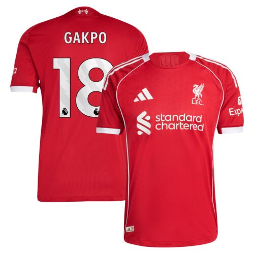 Liverpool adidas Home Authentic Shirt 2025-26 with Gakpo 18 printing