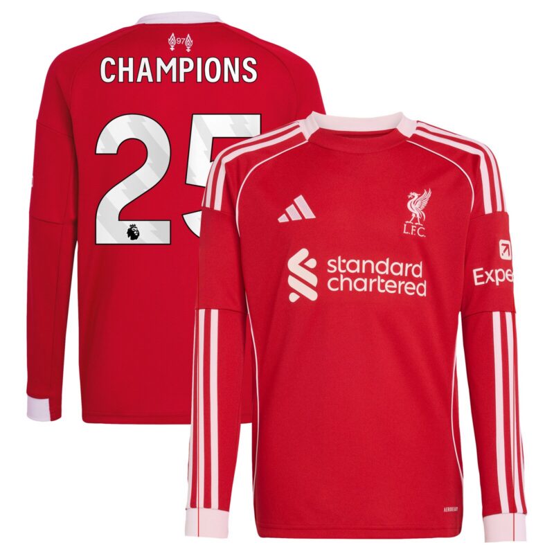 Liverpool adidas Home Shirt 2025-26 - Kids - Long sleeve with Champions 25 printing