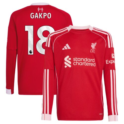 A2B image: liverpool-adidas-home-shirt-2025-26-kids-long-sleeve-with-gakpo-18-printing Liverpool adidas Home Shirt 2025-26 - Kids - Long sleeve with Gakpo 18 printing
