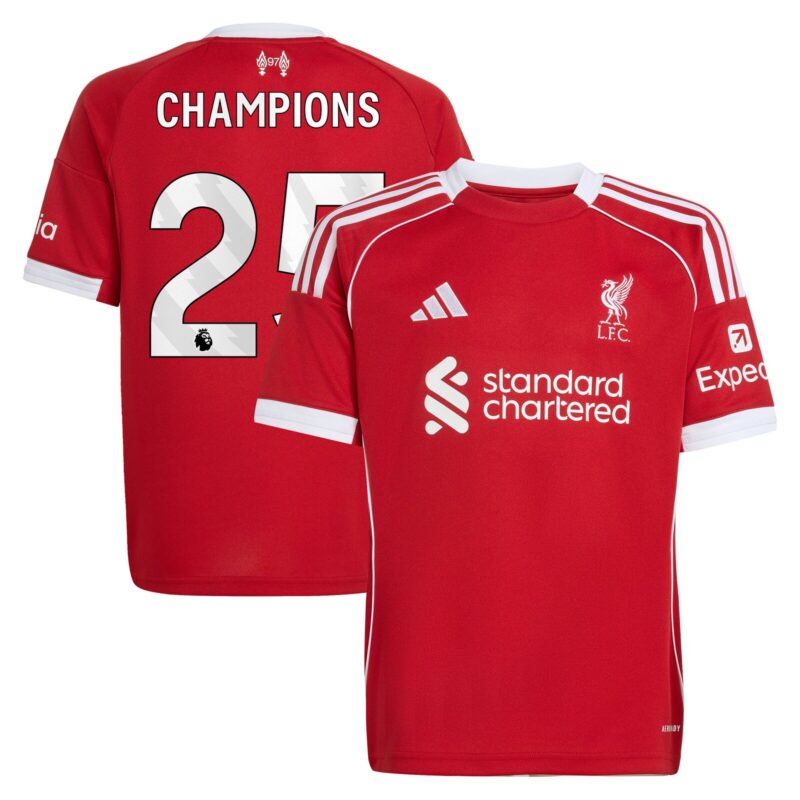 Liverpool adidas Home Shirt 2025-26 - Kids with Champions 25 printing
