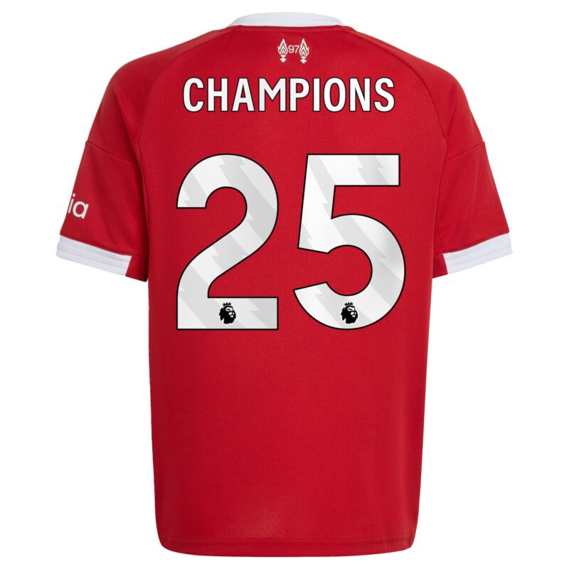 Liverpool adidas Home Shirt 2025-26 - Kids with Champions 25 printing