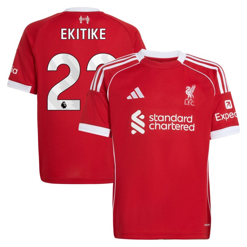 Liverpool adidas Home Shirt 2025-26 - Kids with Ekitike 22 printing