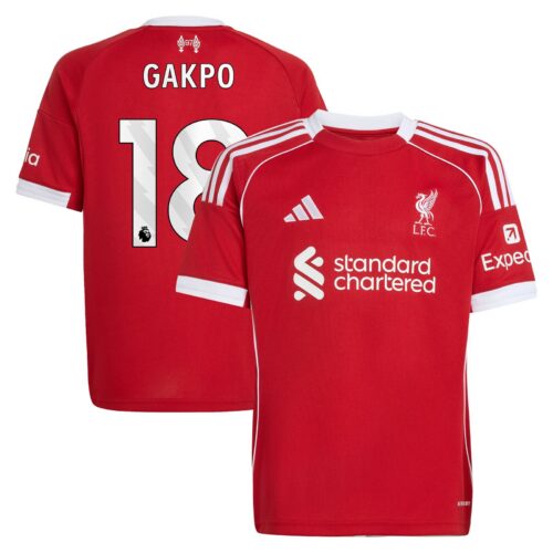 Liverpool adidas Home Shirt 2025-26 - Kids with Gakpo 18 printing