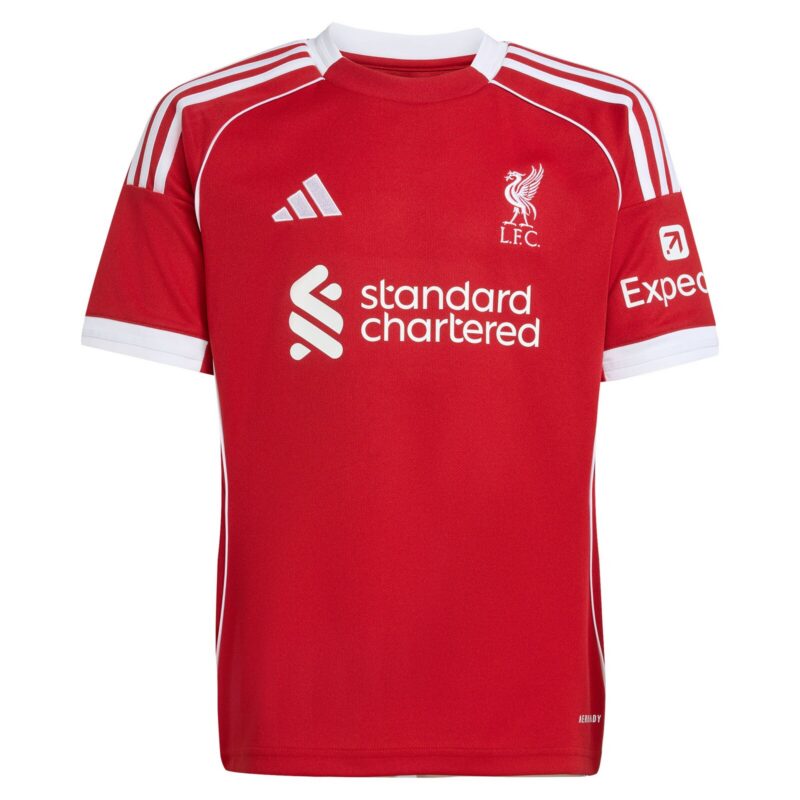 Liverpool adidas Home Shirt 2025-26 - Kids with Gakpo 18 printing