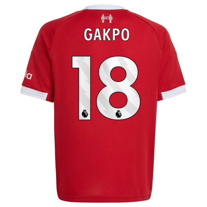 Liverpool adidas Home Shirt 2025-26 - Kids with Gakpo 18 printing
