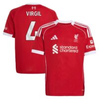 Liverpool adidas Home Shirt 2025-26 - Kids with Virgil 4 printing