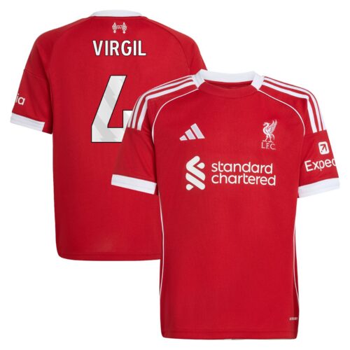 Liverpool adidas Home Shirt 2025-26 - Kids with Virgil 4 printing