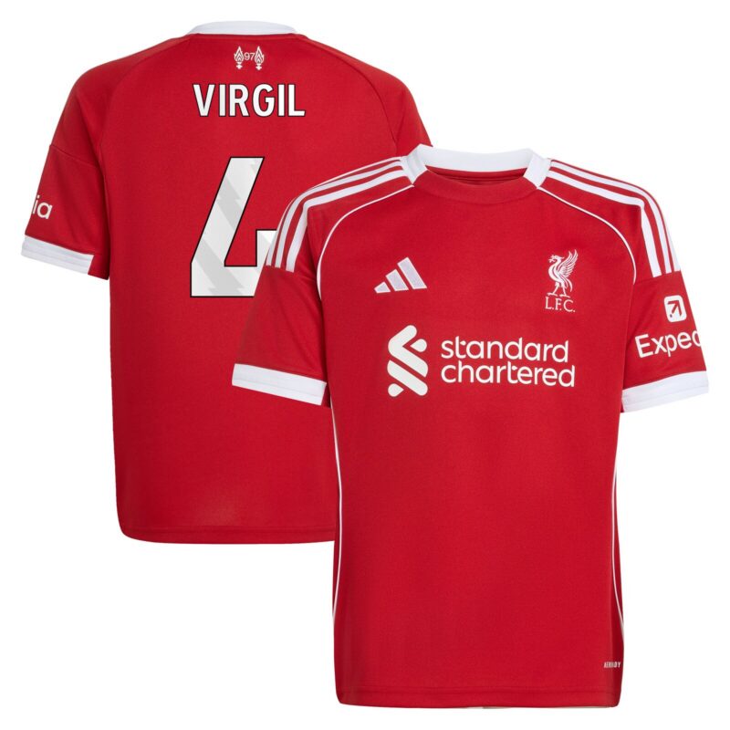 Liverpool adidas Home Shirt 2025-26 - Kids with Virgil 4 printing