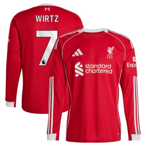 A2B image: liverpool-adidas-home-replica-shirt-2025-26-long-sleeve-with-wirtz-7-printing Liverpool adidas Home Replica Shirt 2025-26 - Long sleeve with Wirtz 7 printing