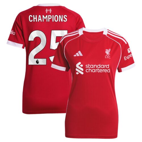 A2B image: liverpool-adidas-home-shirt-2025-26-womens-with-champions-25-printing Liverpool adidas Home Shirt 2025-26 - Womens with Champions 25 printing