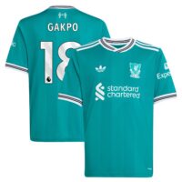 Liverpool adidas Third Shirt 2025-26 - Kids with Gakpo 18 printing