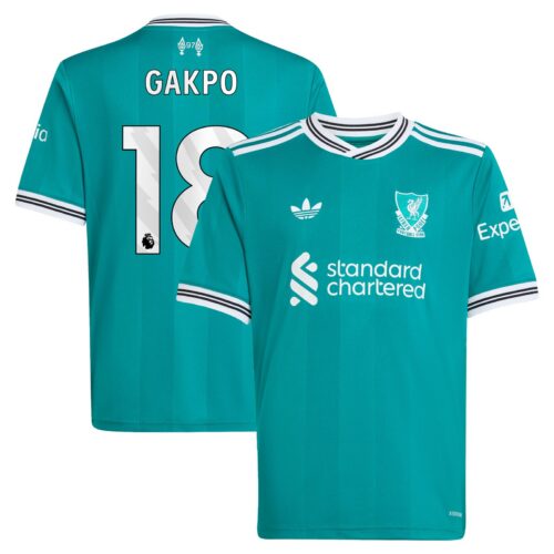 Liverpool adidas Third Shirt 2025-26 - Kids with Gakpo 18 printing