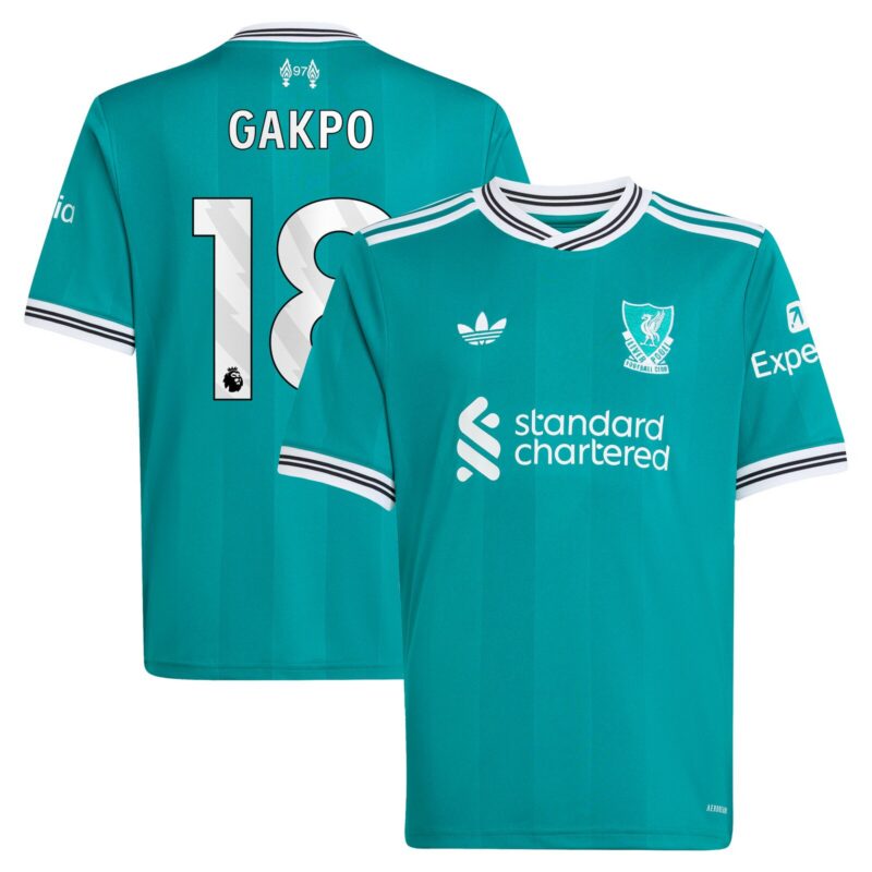 Liverpool adidas Third Shirt 2025-26 - Kids with Gakpo 18 printing