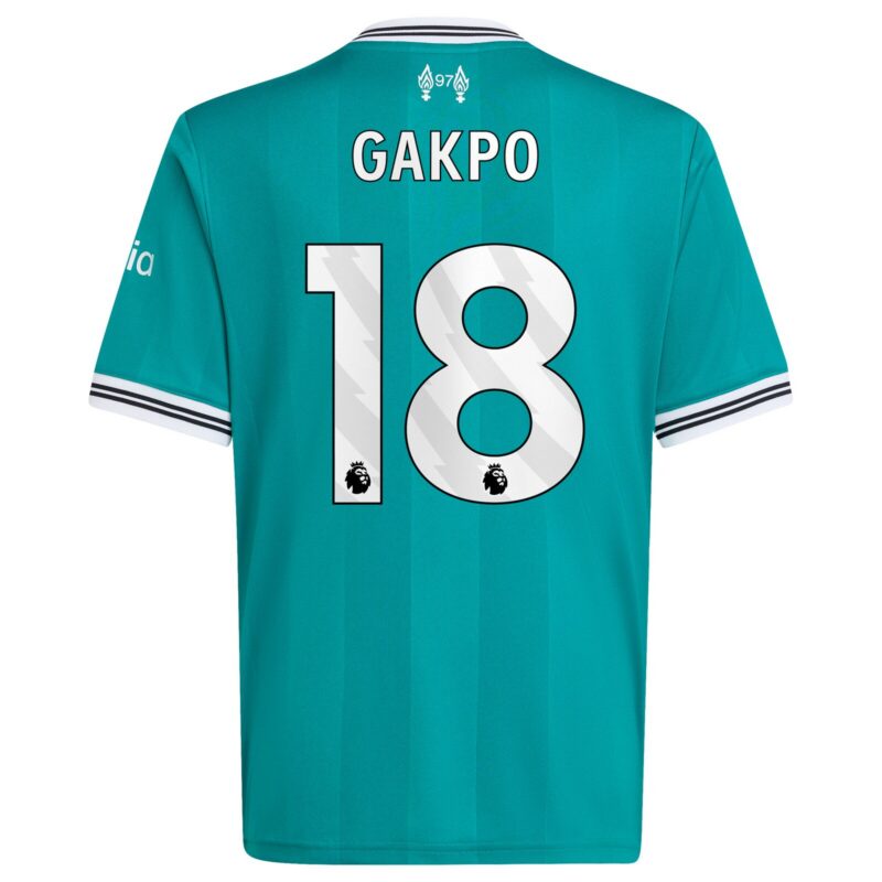 Liverpool adidas Third Shirt 2025-26 - Kids with Gakpo 18 printing