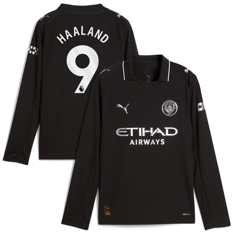 Manchester City PUMA Away Shirt 2025-26 - Long Sleeve - Kids with Haaland 9 printing