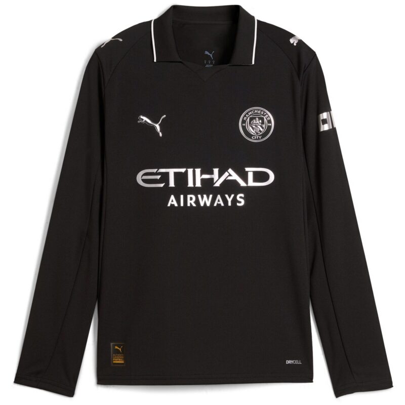 Manchester City PUMA Away Shirt 2025-26 - Long Sleeve - Kids with Haaland 9 printing