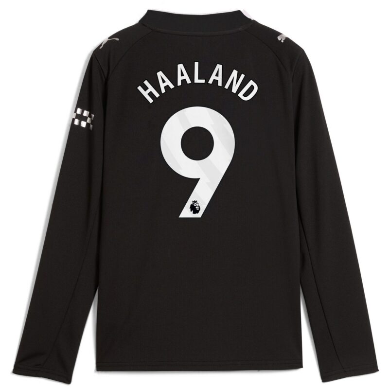 Manchester City PUMA Away Shirt 2025-26 - Long Sleeve - Kids with Haaland 9 printing
