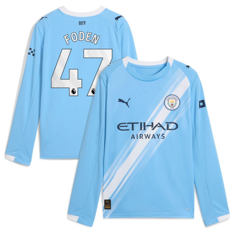 Manchester City PUMA Home Shirt 2025-26 - Long Sleeve - Kids with Foden 47 printing