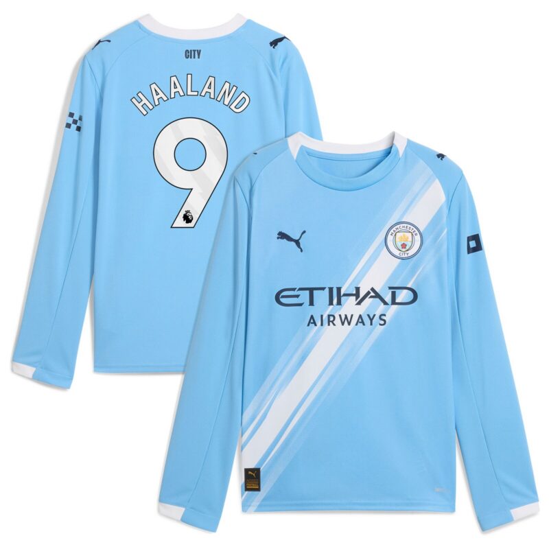 Manchester City PUMA Home Shirt 2025-26 - Long Sleeve - Kids with Haaland 9 printing