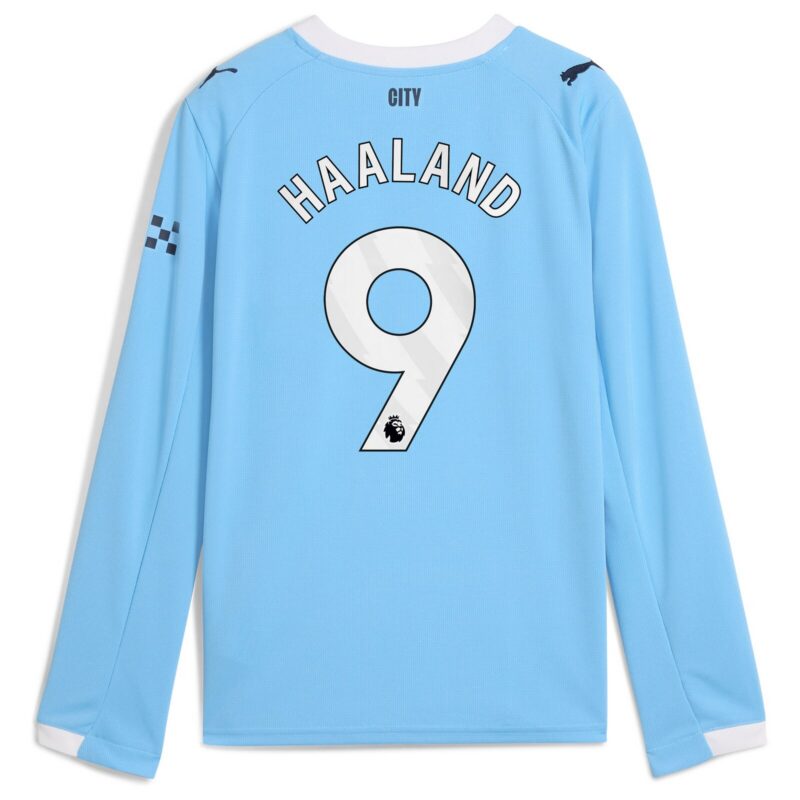 Manchester City PUMA Home Shirt 2025-26 - Long Sleeve - Kids with Haaland 9 printing
