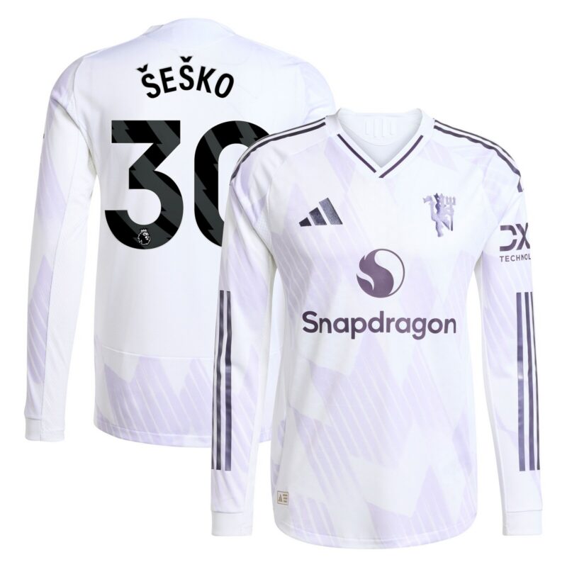Manchester United adidas Away Authentic Shirt 2025-26 - Long Sleeve with Šeško 30 printing