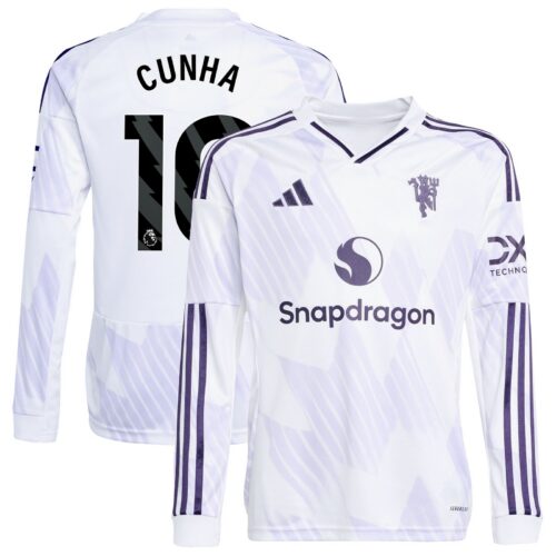 A2B image: manchester-united-adidas-away-shirt-2025-26-kids-long-sleeve-with-cunha-10-printing Manchester United adidas Away Shirt 2025-26 - Kids - Long Sleeve with Cunha 10 printing