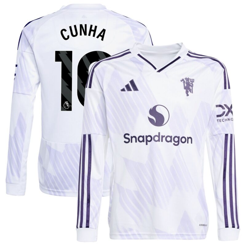 Manchester United adidas Away Shirt 2025-26 - Kids - Long Sleeve with Cunha 10 printing