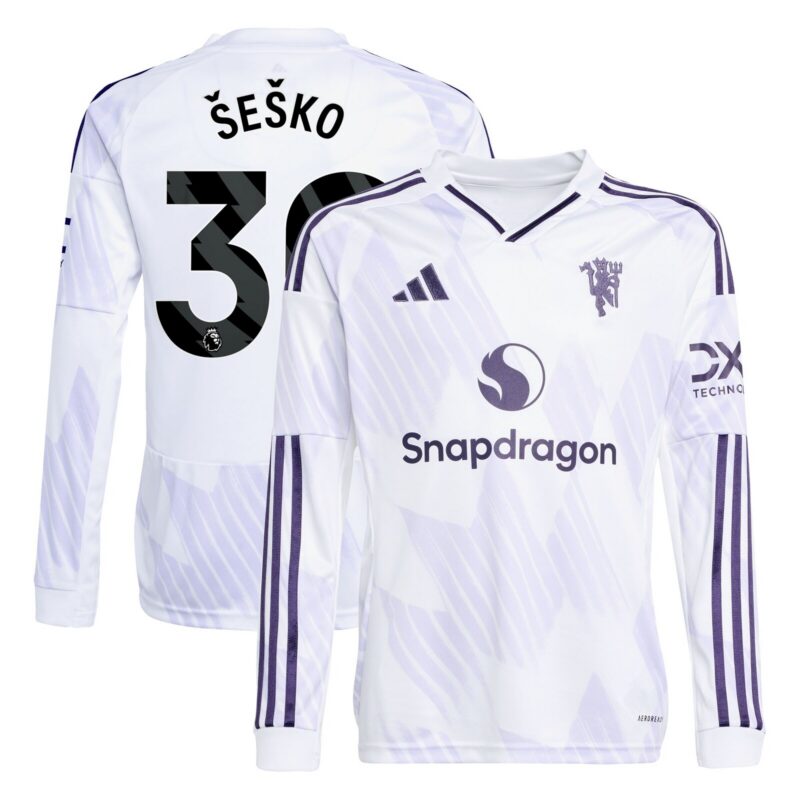 Manchester United adidas Away Shirt 2025-26 - Kids - Long Sleeve with Šeško 30 printing