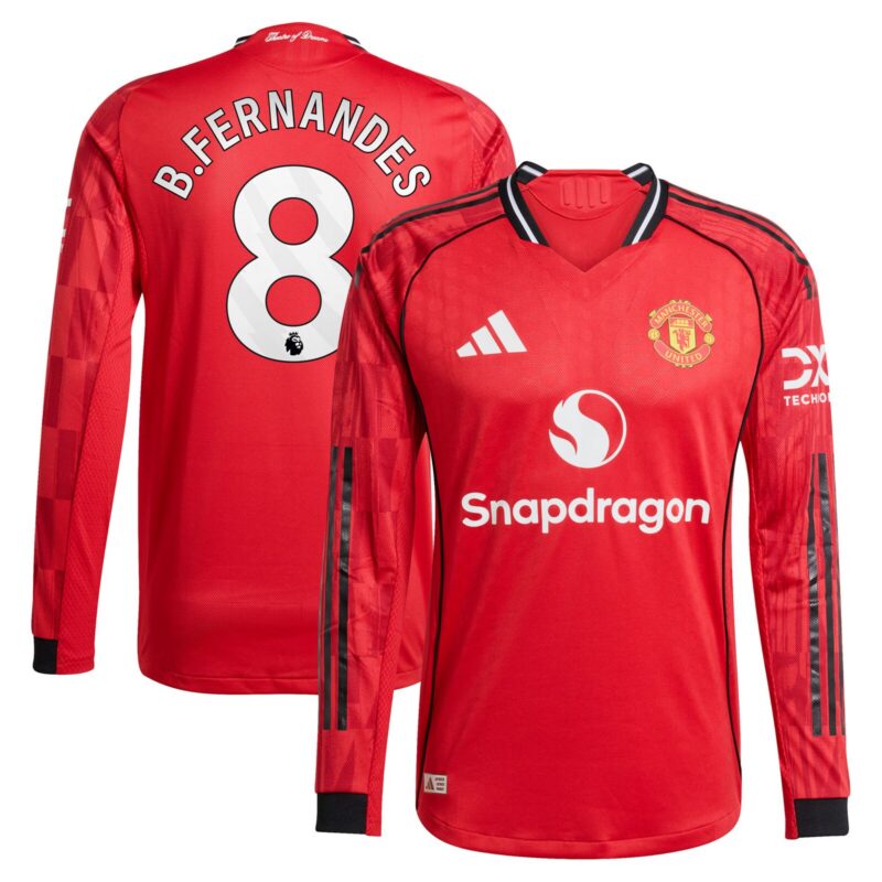 Manchester United adidas Home Authentic Shirt 2025-26 - Long sleeve with B. Fernandes 8 printing