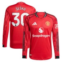 Manchester United adidas Home Authentic Shirt 2025-26 - Long sleeve with Šeško 30 printing