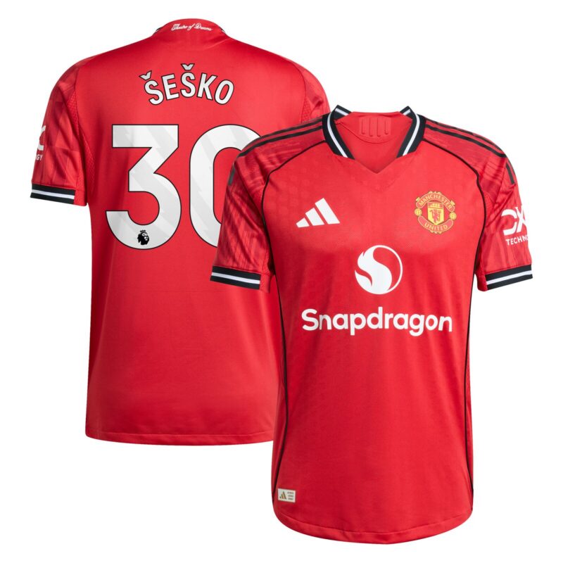 Manchester United adidas Home Authentic Shirt 2025-26 with Šeško 30 printing
