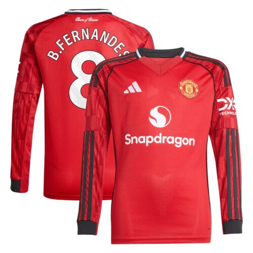 A2B image: manchester-united-adidas-home-shirt-2025-26-kids-long-sleeve-with-b-fernandes-8-printing Manchester United adidas Home Shirt 2025-26 - Kids - Long Sleeve with B. Fernandes 8 printing