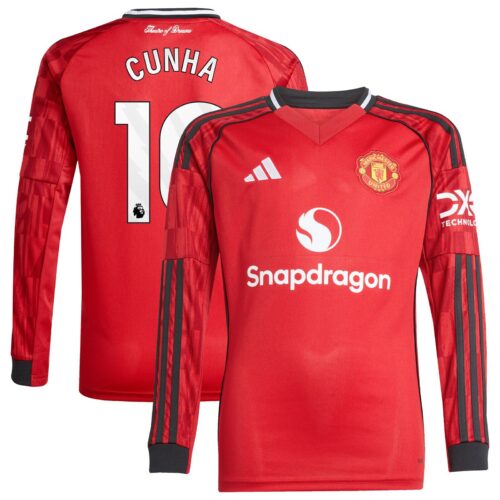 Manchester United adidas Home Shirt 2025-26 - Kids - Long Sleeve with Cunha 10 printing