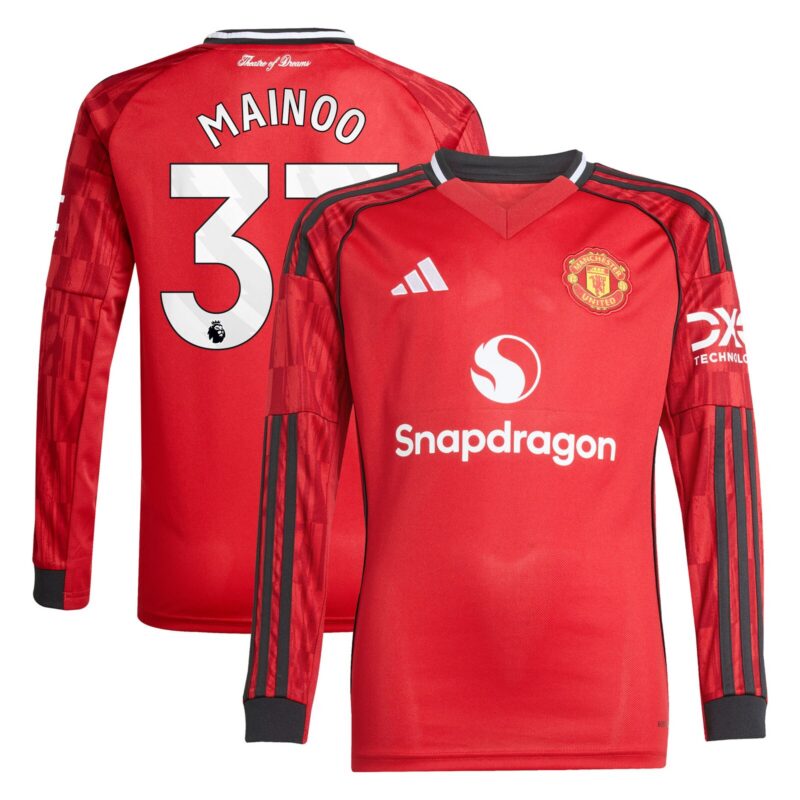 Manchester United adidas Home Shirt 2025-26 - Kids - Long Sleeve with Mainoo 37 printing