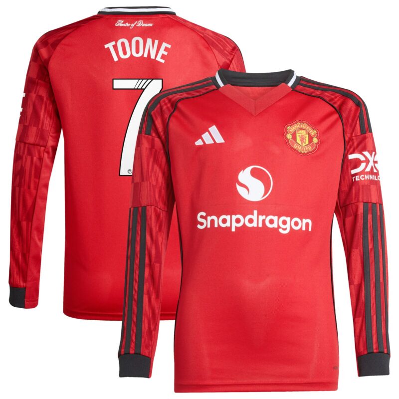 Manchester United adidas Home Shirt 2025-26 - Kids - Long Sleeve with Toone 7 printing