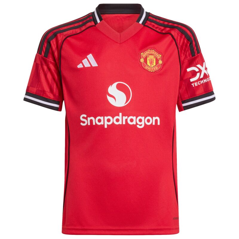 Manchester United adidas Home Shirt 2025-26 - Kids with Cunha 10 printing