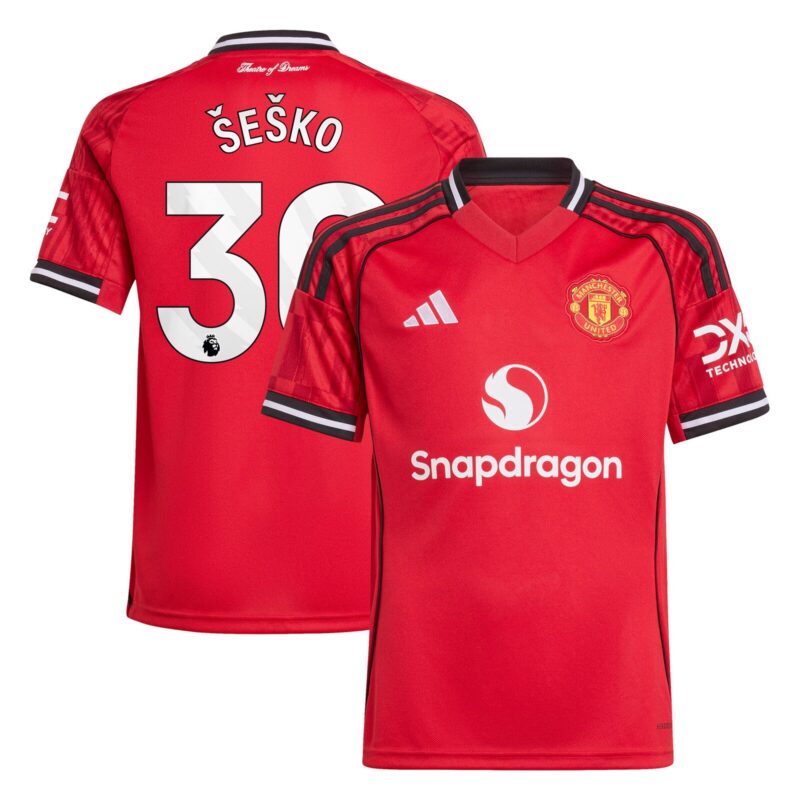 Manchester United adidas Home Shirt 2025-26 - Kids with Šeško 30 printing