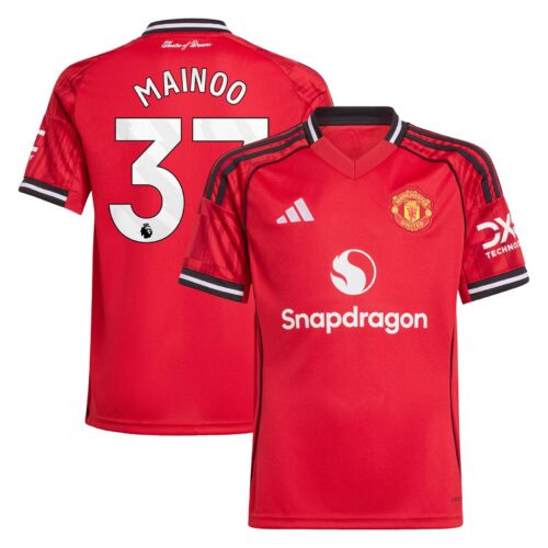 A2B image: manchester-united-adidas-home-shirt-2025-26-kids-with-mainoo-37-printing Manchester United adidas Home Shirt 2025-26 - Kids with Mainoo 37 printing