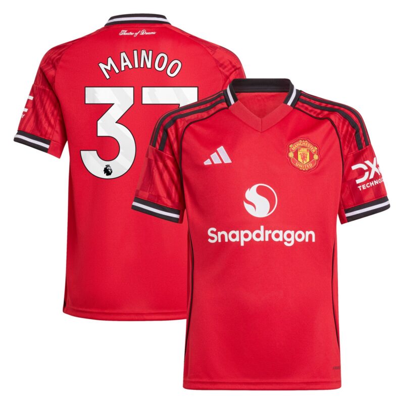 A2B image: manchester-united-adidas-home-shirt-2025-26-kids-with-mainoo-37-printing Manchester United adidas Home Shirt 2025-26 - Kids with Mainoo 37 printing