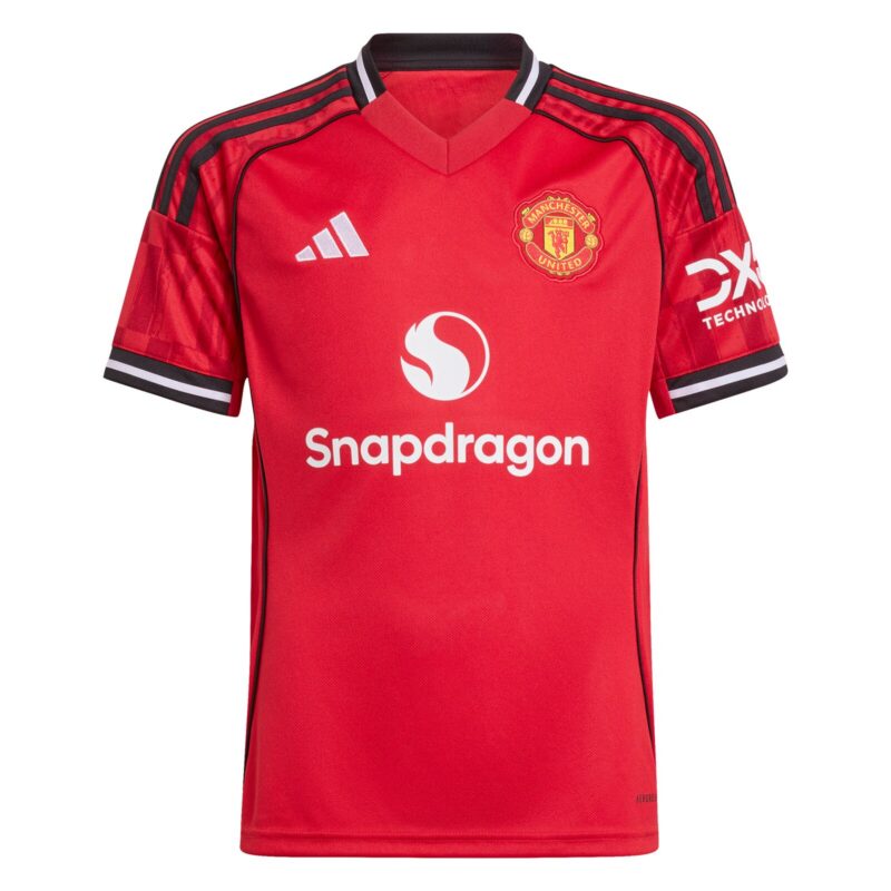 A2B image: manchester-united-adidas-home-shirt-2025-26-kids-with-mainoo-37-printing Manchester United adidas Home Shirt 2025-26 - Kids with Mainoo 37 printing