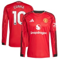 Manchester United adidas Home Shirt 2025-26 - Long Sleeve with Cunha 10 printing
